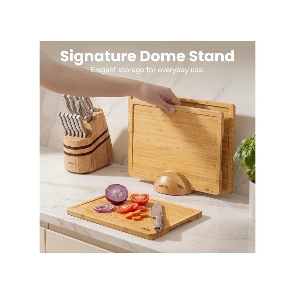Smirly Non-Toxic Cutting Board Set 3 Piece Bamboo Juice Groove Stand Holder
